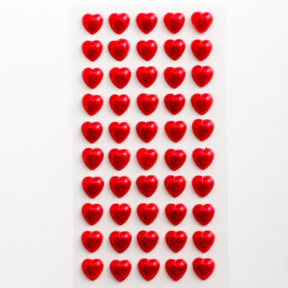 Italian Options Red 10Mm Pearl Resin Heart Self Adhesive Diamante Rhinestone Gem Craft Stickers - 50 Per Sheet