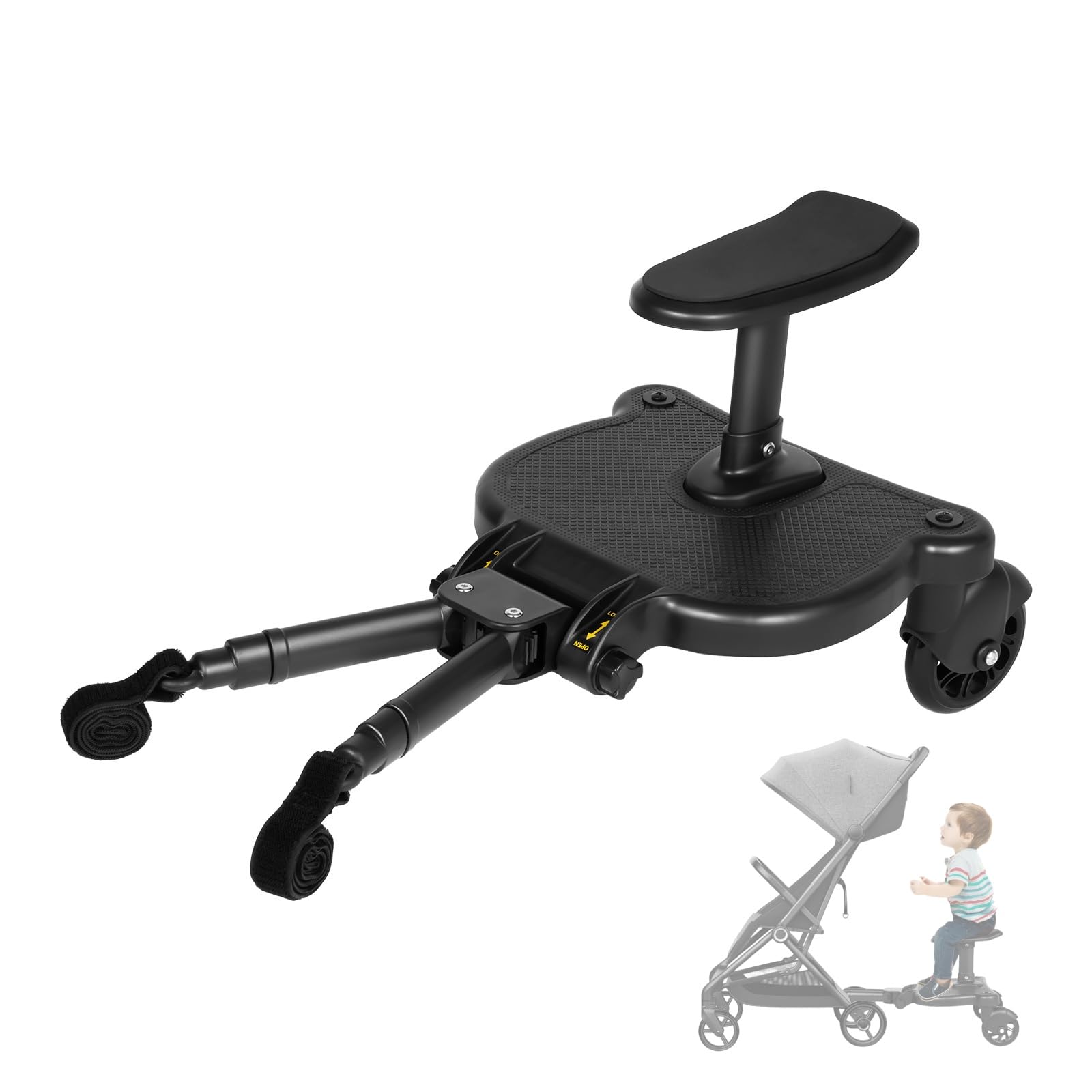 Pedana universale per passeggino con sedile, massima 25 kg, girevole a 360° e ammortizzante, rimovibile, a forma di orso, con seduta per bambini dai 3 ai 7 anni