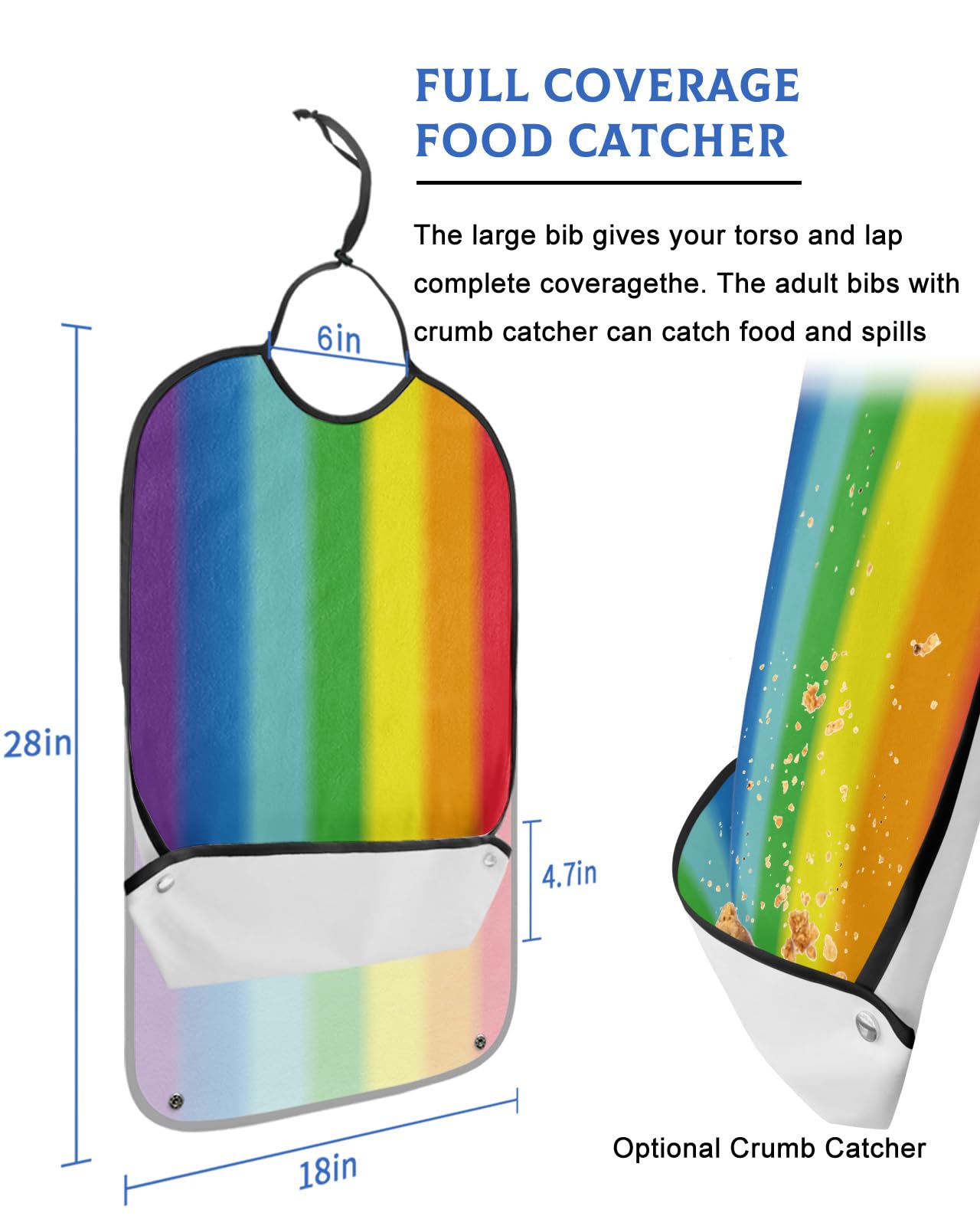 Rainbow Adult Bib for Eating with Crumb Catcher,Washable & Waterproof Terry Cloth Adjustable Elderly Women Men Adult Bibs Funny Apron Clothing Protector Abtract Ombre Colorful Geometric Stripes