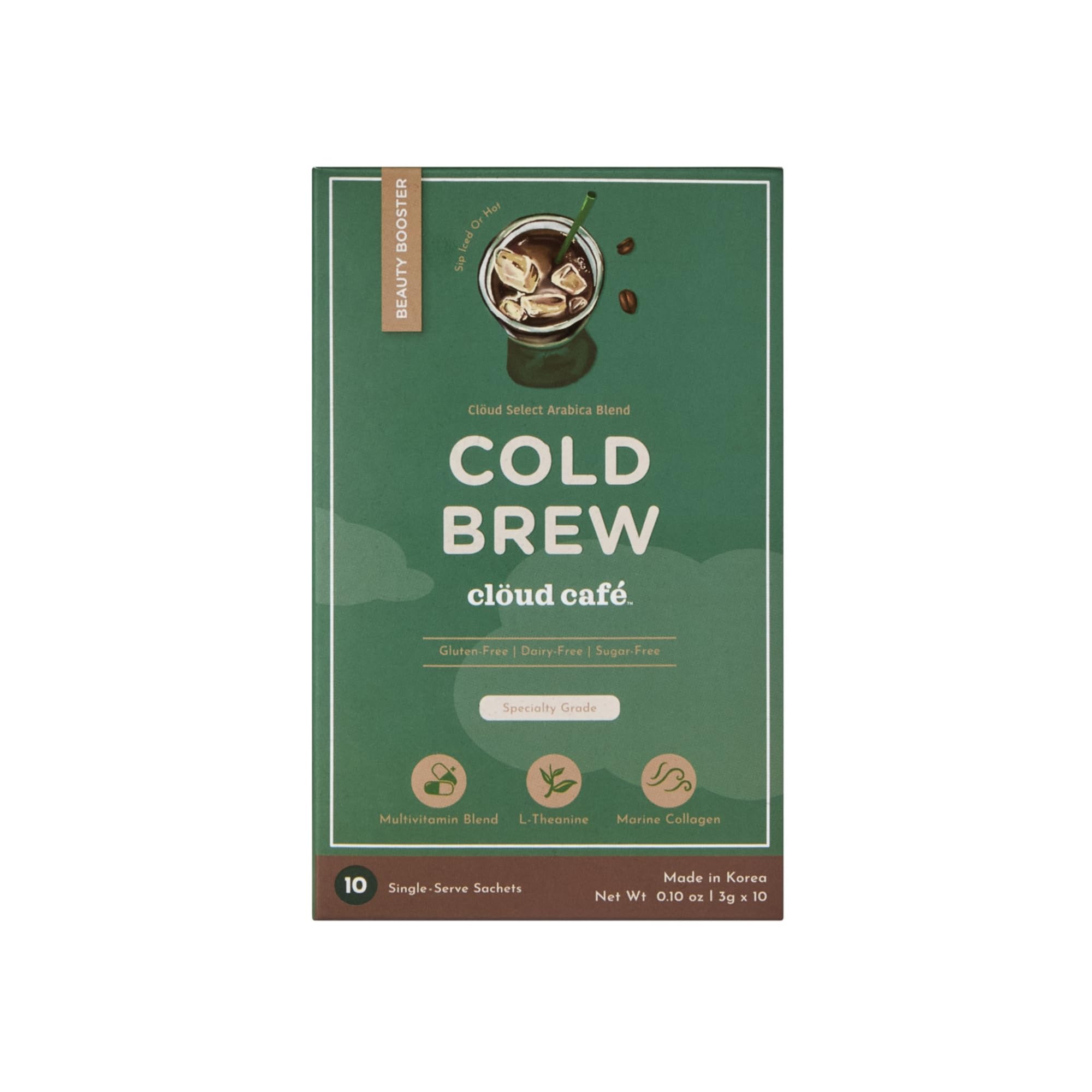 Clöud Café Collagen Infused Cold Brew Instant Coffee Packets - Multivitamin Powder, L-Theanine Amino Acids, & Marine Collagen Single Serve Instant Coffee Powder (10 Sachets)