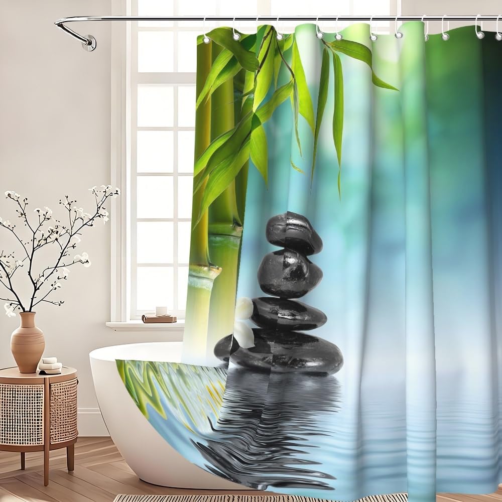 Terme GiardinoTenda da doccia Centro benessere verde bambù nero pietra fiore tenda da bagno Semplice tenda da doccia impermeabile Tessuto impermeabile lavabile in lavatrice 120x200cm