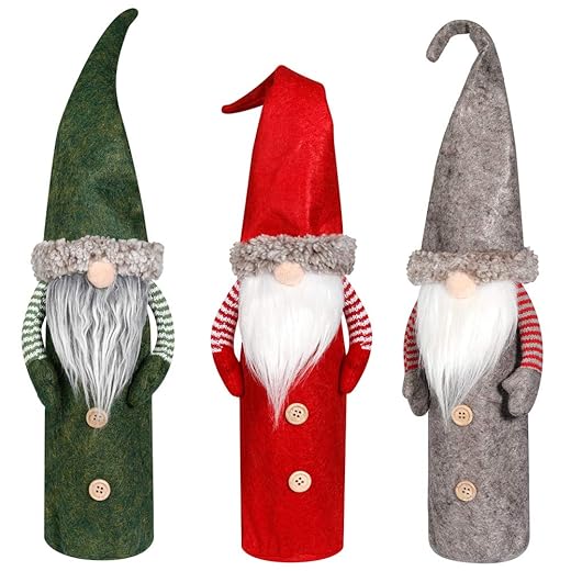 D-FantiX Christmas Gnomes Wine Bottle Cover, Handmade Swedish Tomte Gnomes Wine Bottle Toppers Santa Claus Bottle Bags with Drawstring Style Holiday Home Christmas Decorations Gift 3 Pack