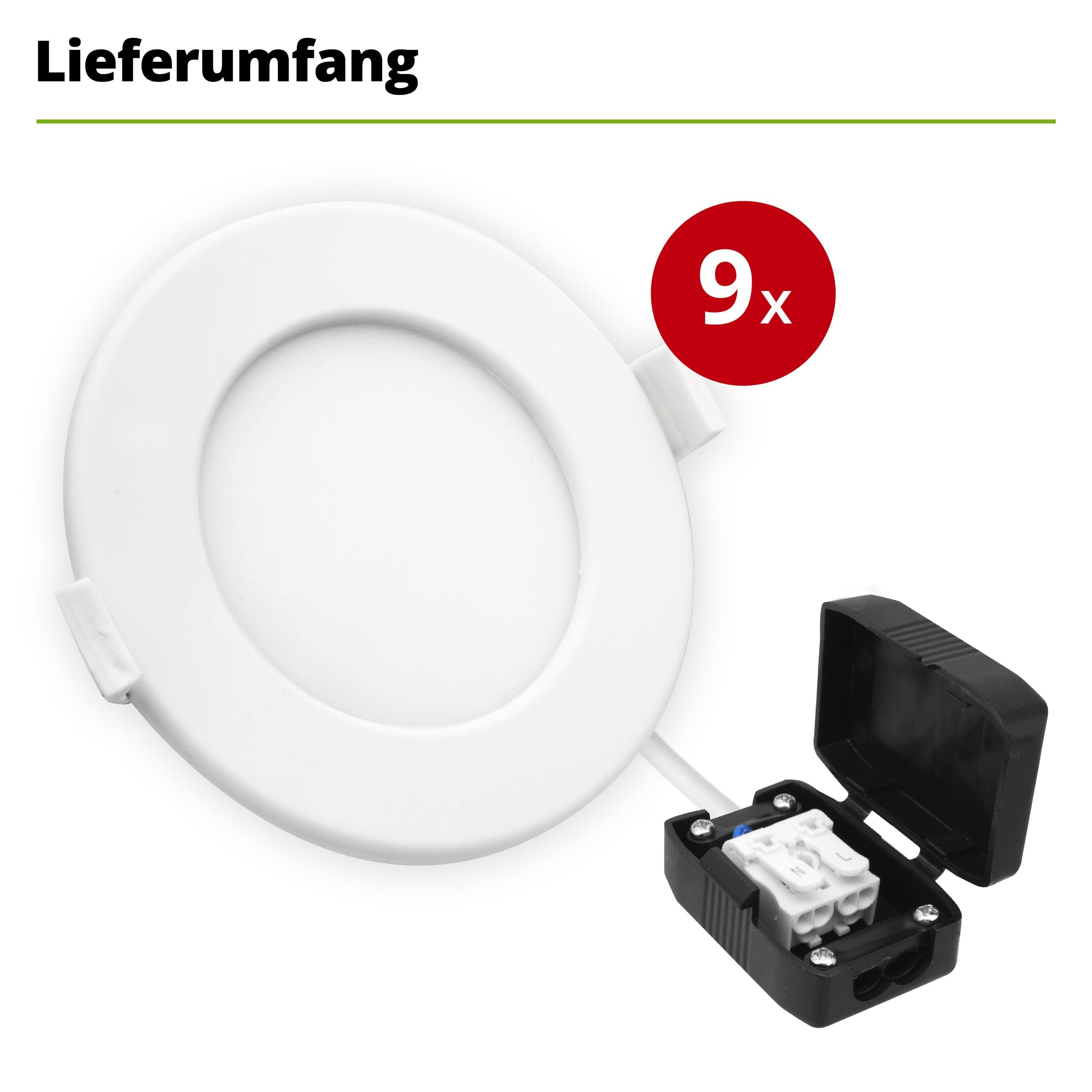 HAGEMANN® 9 x LED Einbaustrahler IP44 6 Watt 500lm Ø 105 mm Bohrloch 230V spritzwassergeschützte Badezimmer Einbauleuchte ultra flach 26mm Einbautiefe