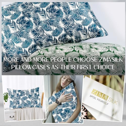 ZIMASILK 100% Pure Mulberry Silk Pillowcase for Hair and Skin Health,Both Sides 19 Momme Silk Floral Print,1pc(Queen 20''x30'',Blue Leaves)