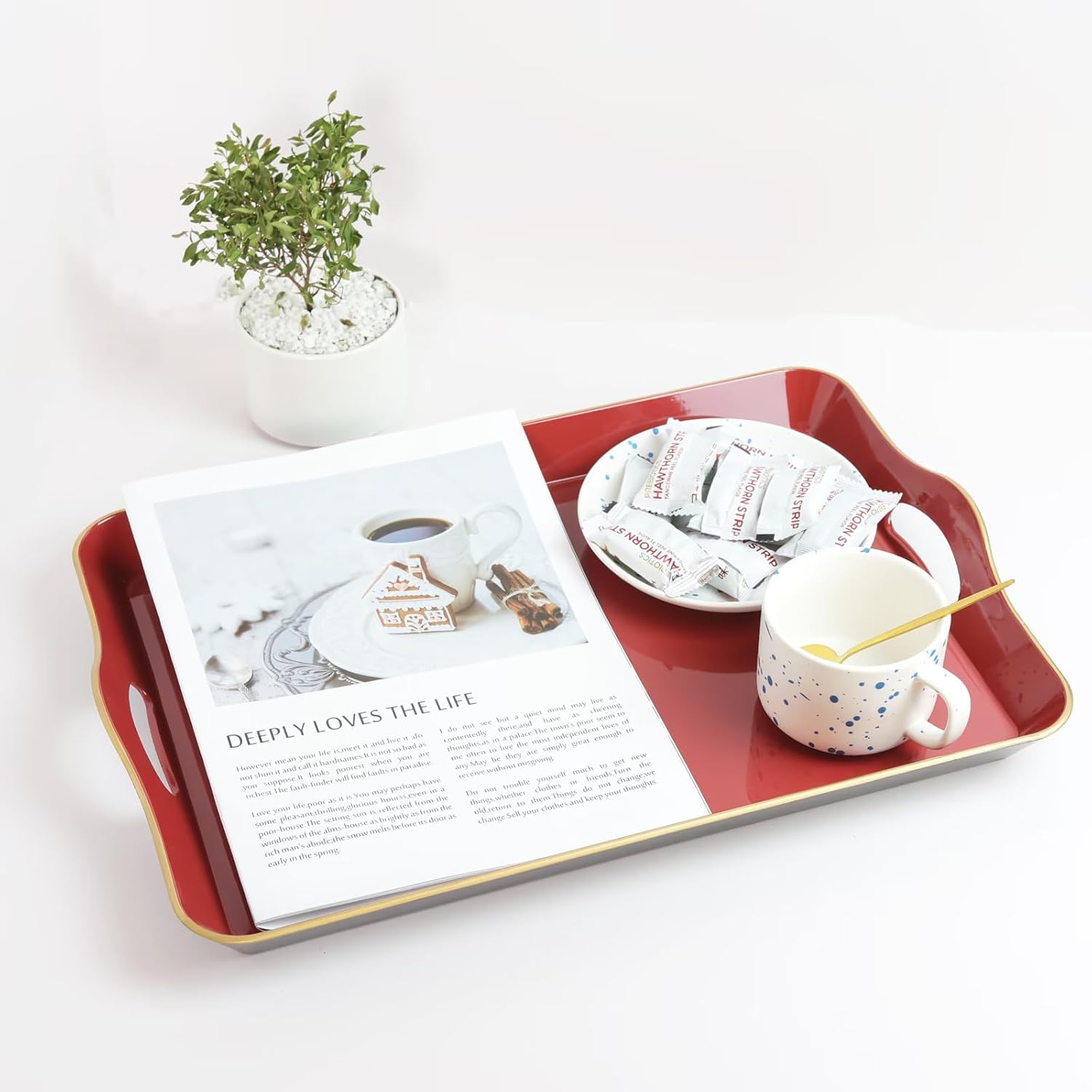 Spsyrine Large Red Decorative Tray, Elegant Plastic Serving Tray with Handles, Coffee Table Tray for Ottoman, Living Room, Home Decor 17.3"*11.8"*2" - Image 4