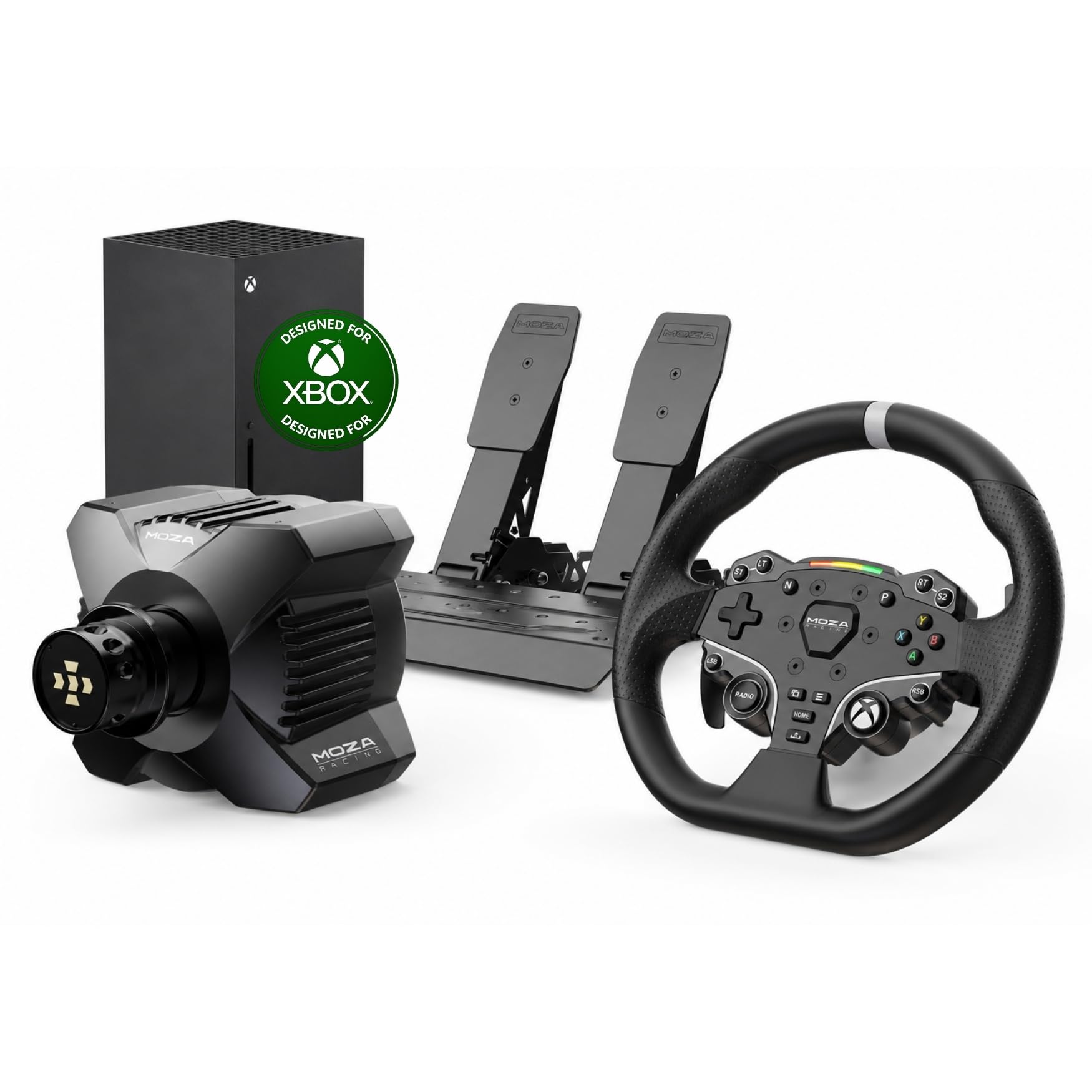 MOZA R3 Bundle Volante Simulatore di Guida PC con Base Direct Drive 3.9 Nm, Volante Xbox Series X | S e Xbox One., Pedaliera Sim Racing SR-P Lite, Morsetto da Tavolo Incluso