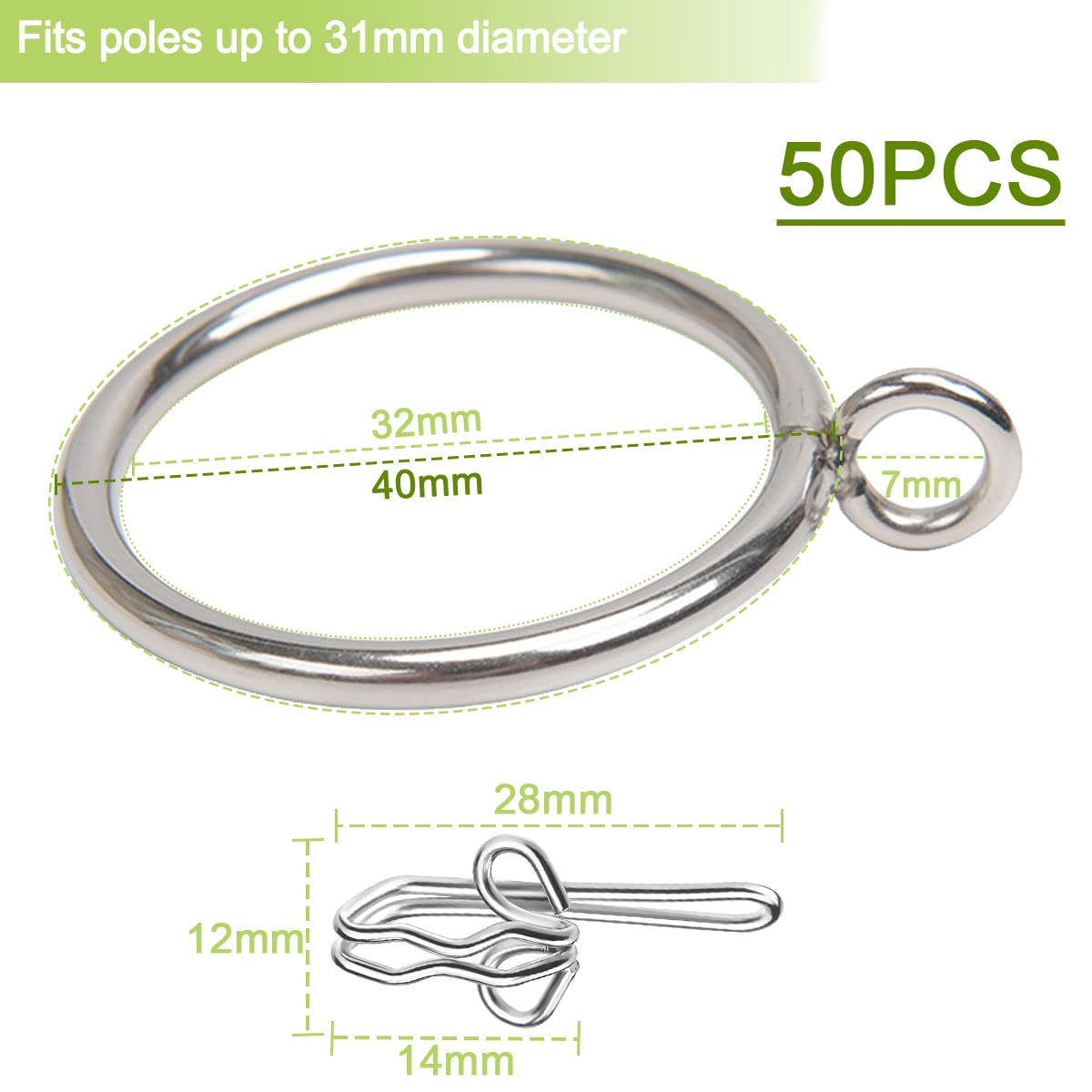LOSYHU 50 Pack Metal Curtain Rings and Hooks, 32mm Silver Curtain Pole Rings with Metal Hooks - Image 2