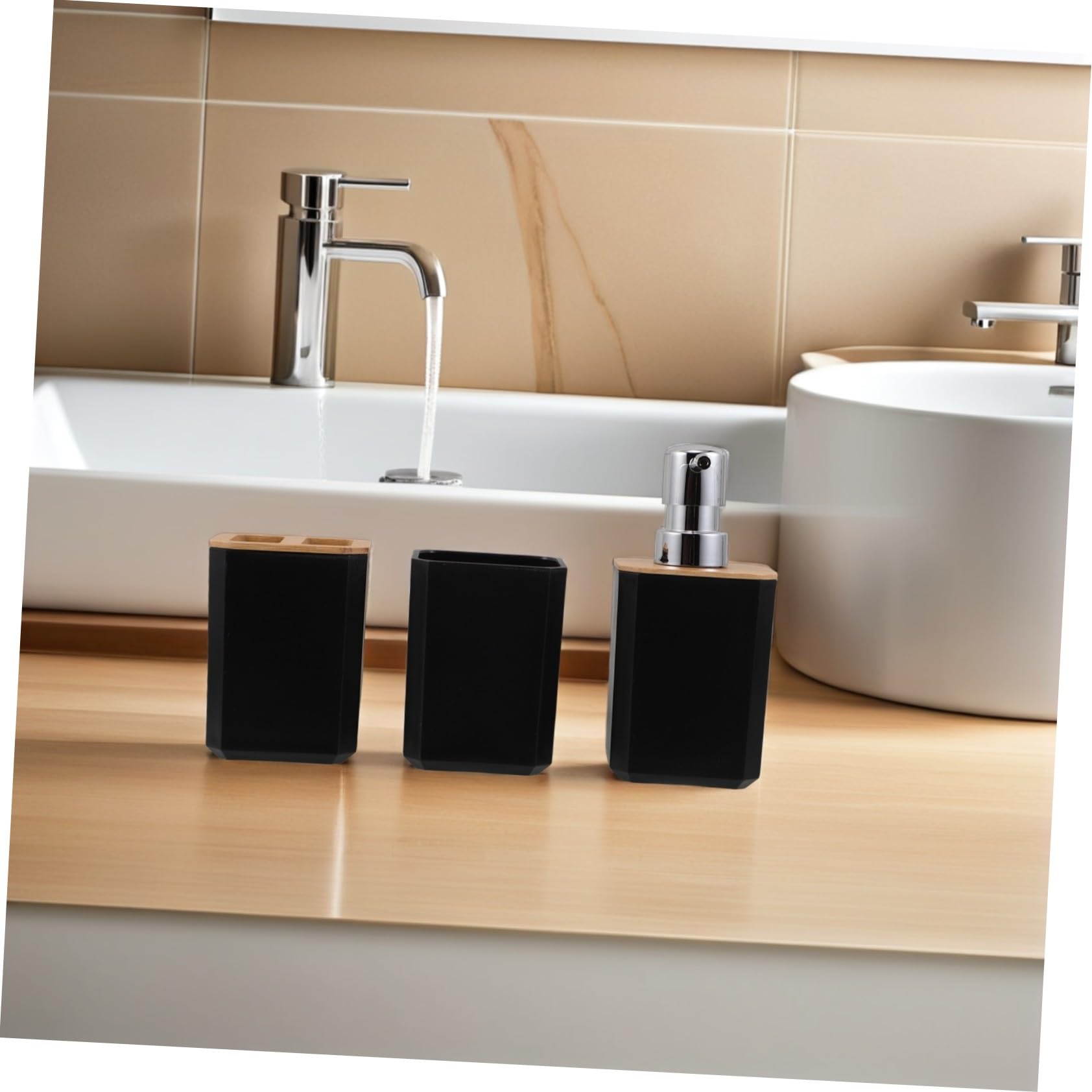 Garneck Accessori da Bagno in Bambù e Plastica Set Completo Portaspazzolino Dispenser di Sapone e Bicchiere per Lavaggio per Uso Domestico o Alberghiero