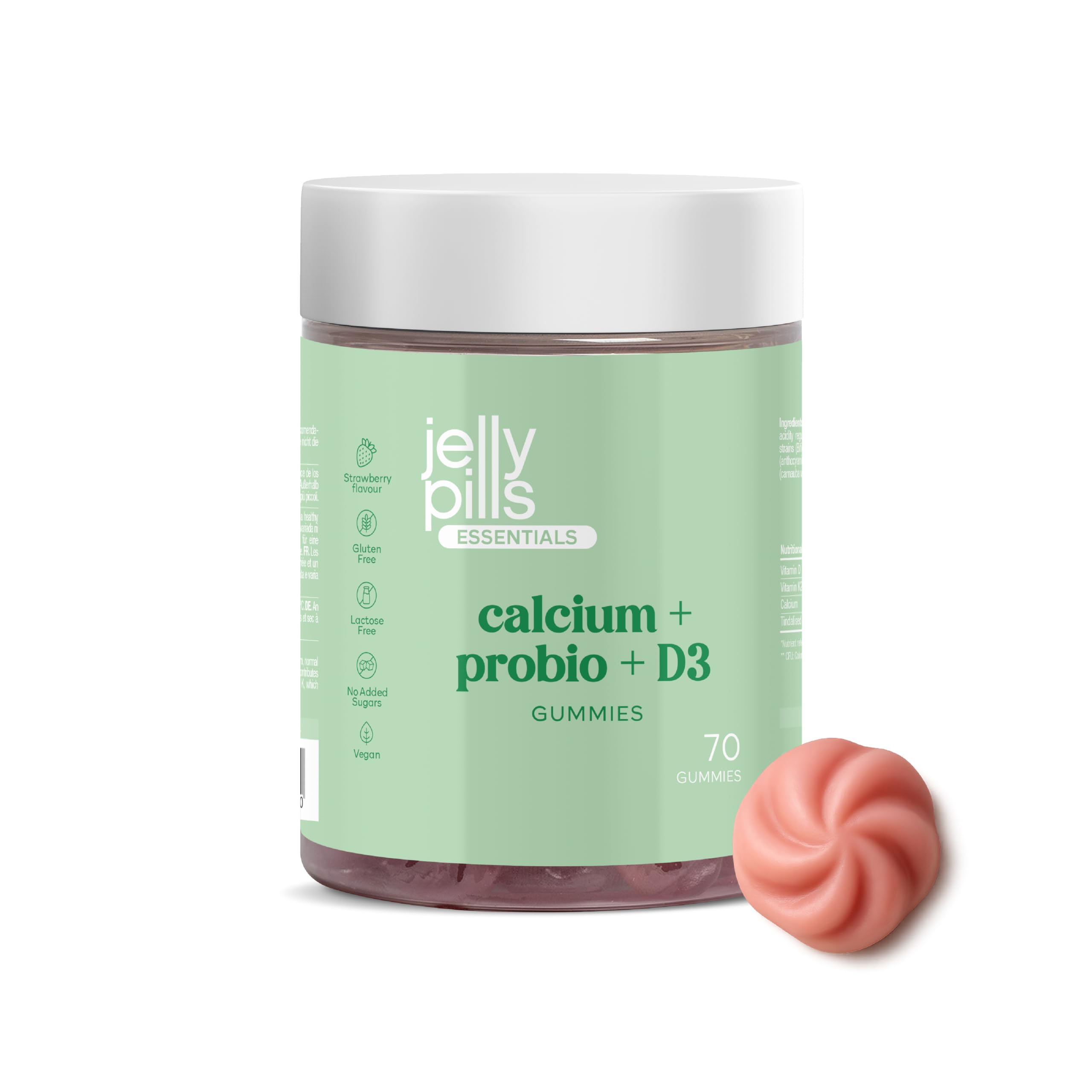 Jelly Pills Calcium 240 mg with Probiotics & Vitamins D3 + K2 – 70 Vegan Gummies – No Added Sugar – Strawberry Flavour – for Bone, Teeth & Digestive Health