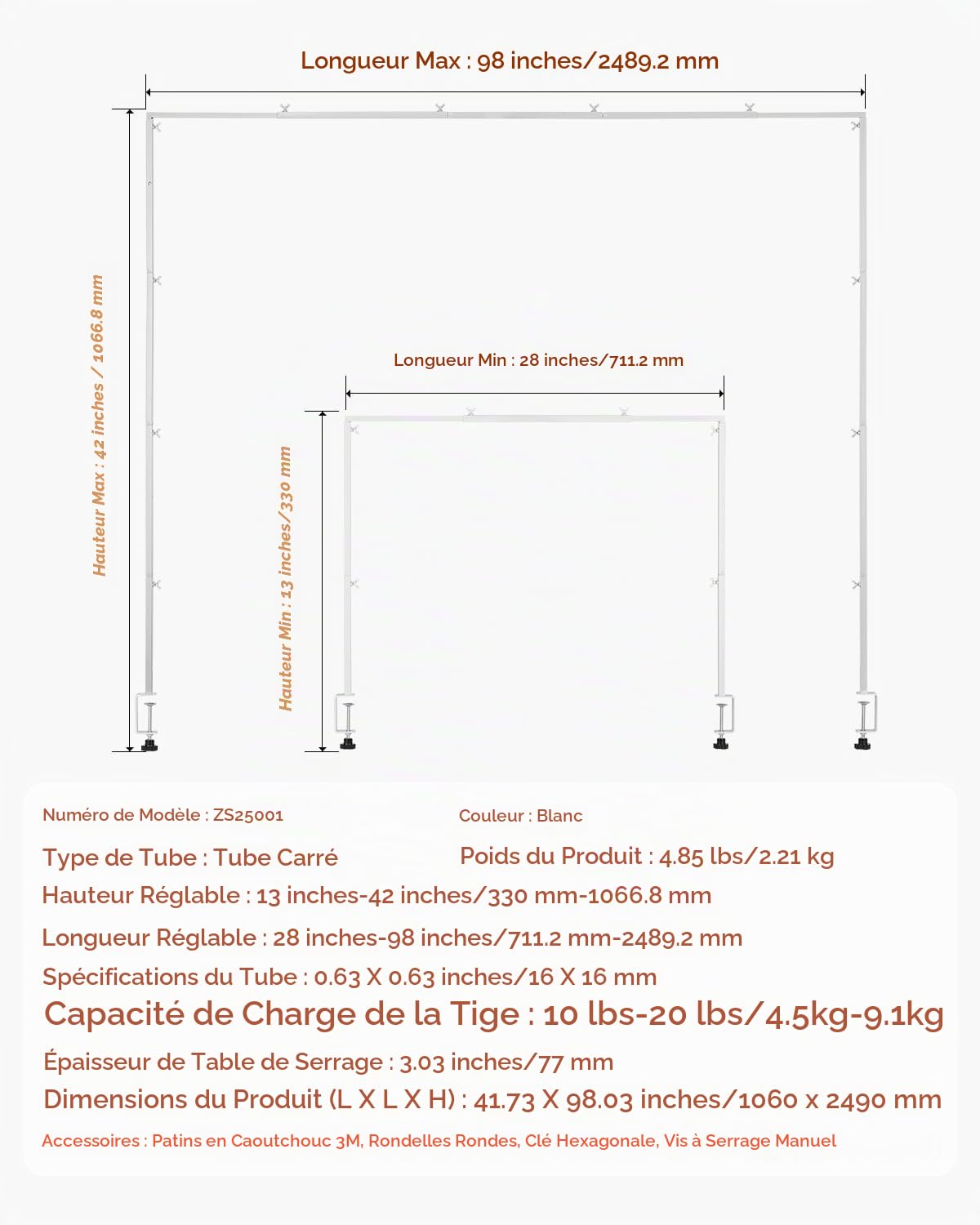 VEVOR Support Tige de Table avec Pinces, Support Arche de Table, Hauteur Réglable 330-1066,8 mm Longueur Réglable 711,2-2489,2 mm, Cadre Arche Métal, pour Déco de Mariage, Anniversaire, Noël, Blanc