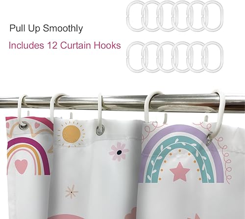 Miniatura 4 de Ufeela Cortina de ducha bohemia con diseño de arco iris, 60 pulgadas de ancho x 72 pulgadas de alto, diseño de dibujos animados, sol, luna, corazón,