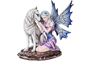 Blue Winged Fairy with White Wolf Resin Statue Figurine by PTC