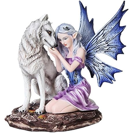 Blue Winged Fairy with White Wolf Resin Statue Figurine by PTC