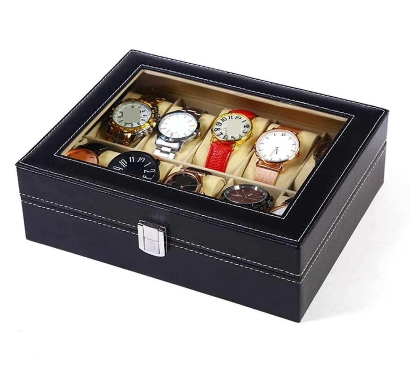 Caja De Reloj Elegante Caja De Colección De Relojes De Cuero PU con 10 Ranuras, Soporte Transparente para Reloj De Pulsera, Caja Organizadora De Almacenamiento Estuche para Relojes