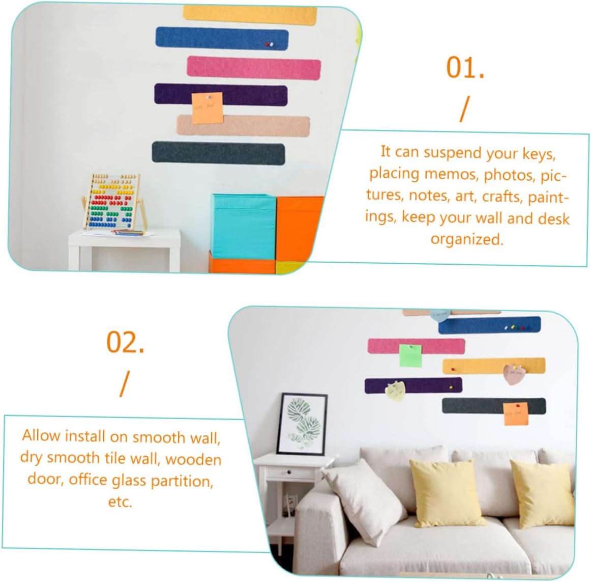 7pcs Felt Bulletin Board Bar Strips Wall Memo Board for Classroom Easy Install Pushpins