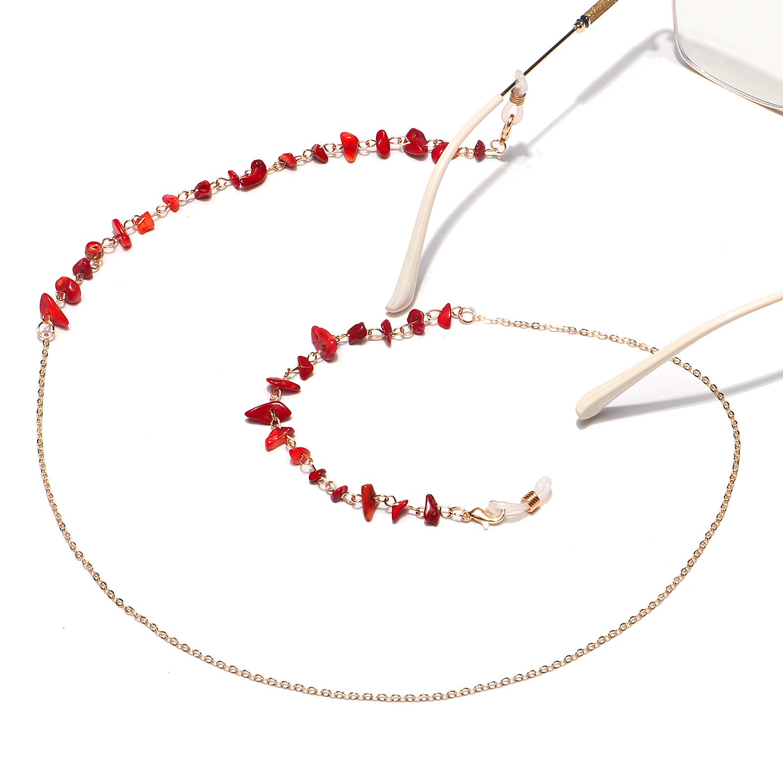 Cadena de Gafas, Cadena de Gafas para Mujeres, Retenedores Naturales de Gafas de Piedra roja Cadenas de Lentes Hechas a Mano Cadena de Soporte de Gafas de Sol for Mujeres(Gold)