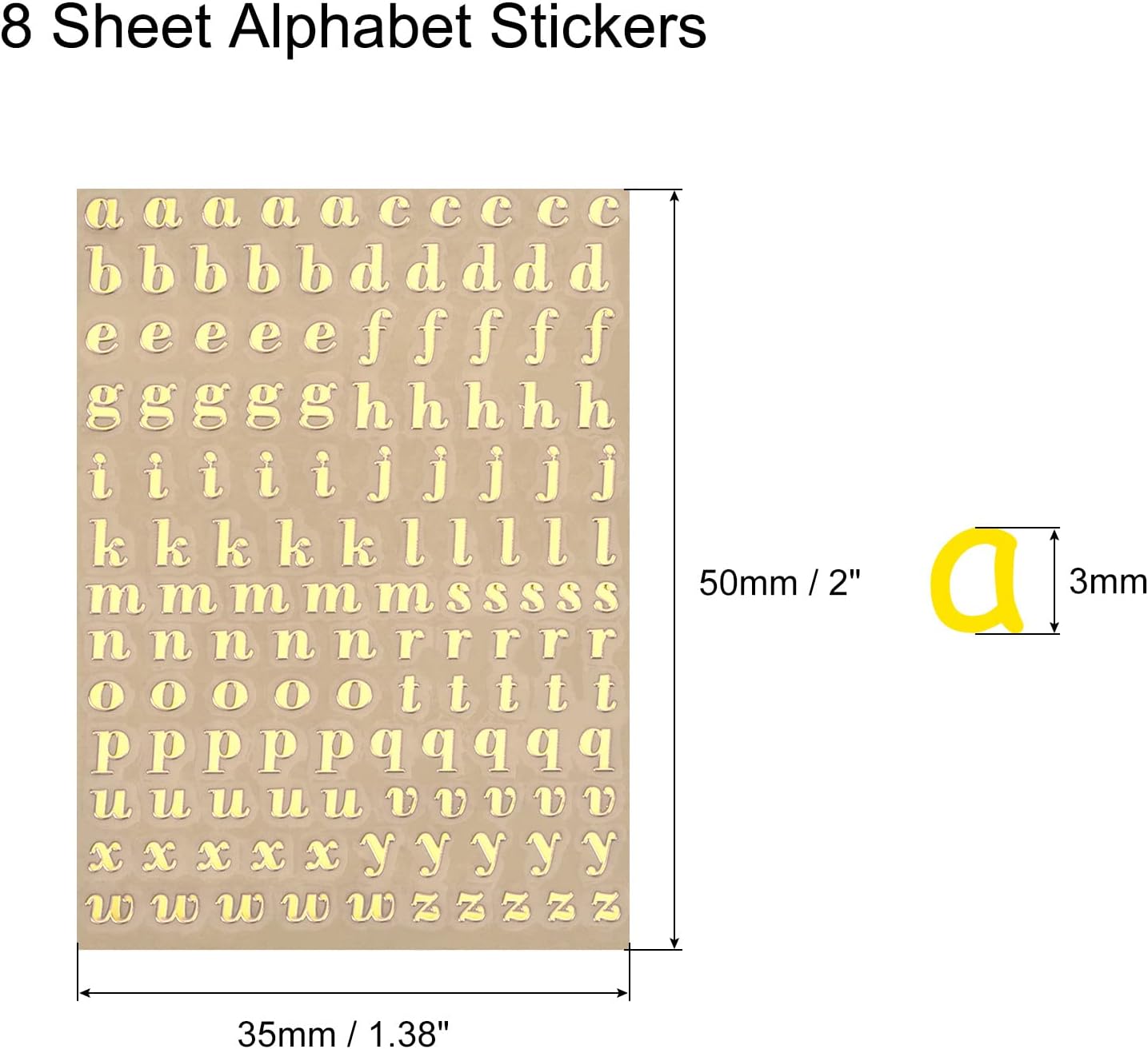 MECCANIXITY 8 Sheets Letter Resin Stickers 3D Small A to Z Gold Mini Alphabet Sticker Metallic Glitter Alloy Lowercase for Resin Nail Scrapbooking 3mm