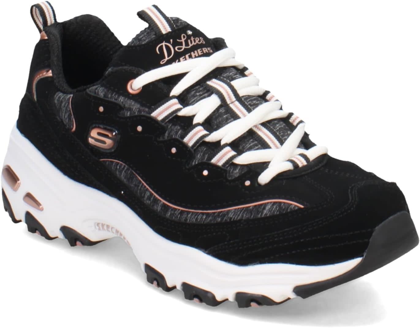 Skechers Women's D'Lites Me-time Sneaker, Black Rose Gold, 5.5 US
