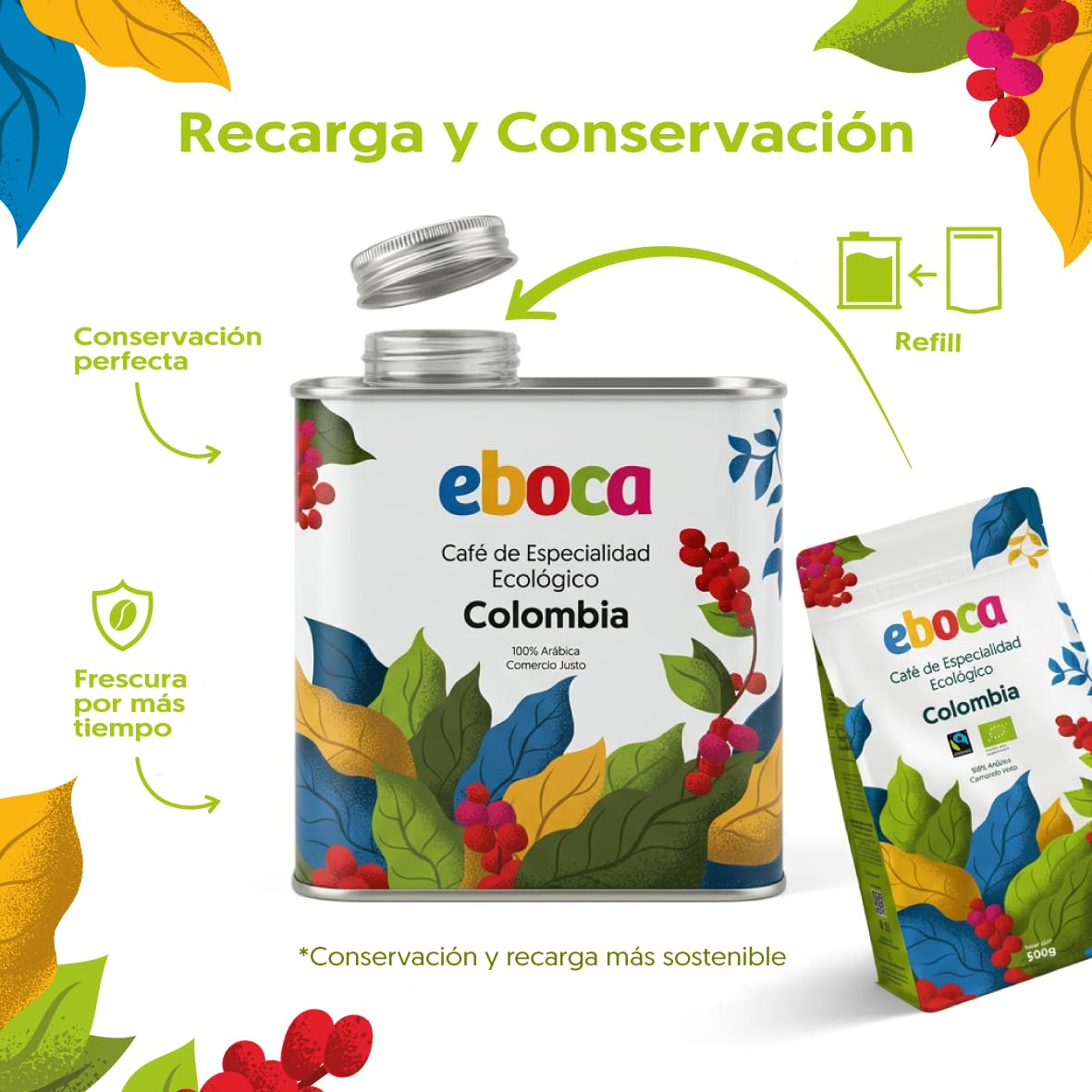 EBOCA Café en Grano Ecológico 1kg (2x500g) – 100% Arábica de Especialidad, Origen Colombia, Comercio Justo (Fairtrade), Tostado Artesanal en Huesca, Tueste Medio para Espresso y Filtro