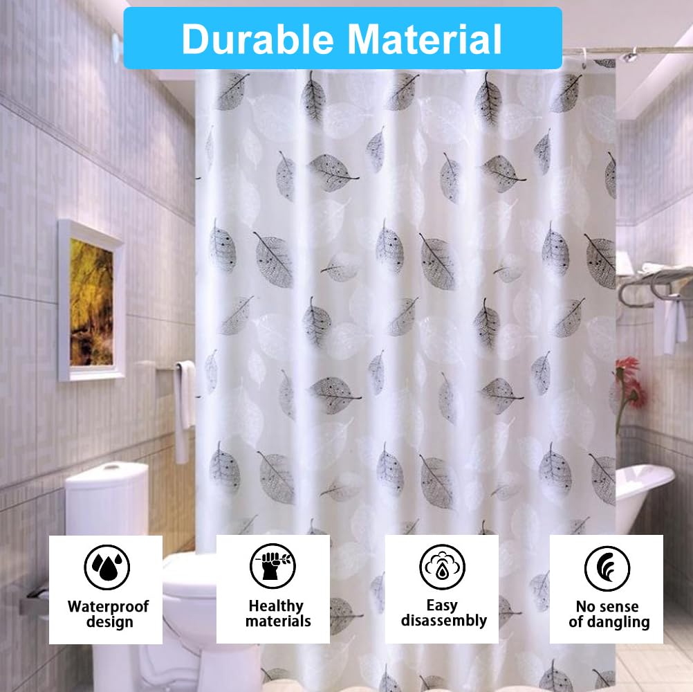 Shower Curtain Liner with 12 Plastic Hooks, 72x72 Inch Plastic Shower Curtain Liner for Shower Stall & Bathtubs, Bathroom Curtains Shower Curtain and Liner Set (Grey Leaf)