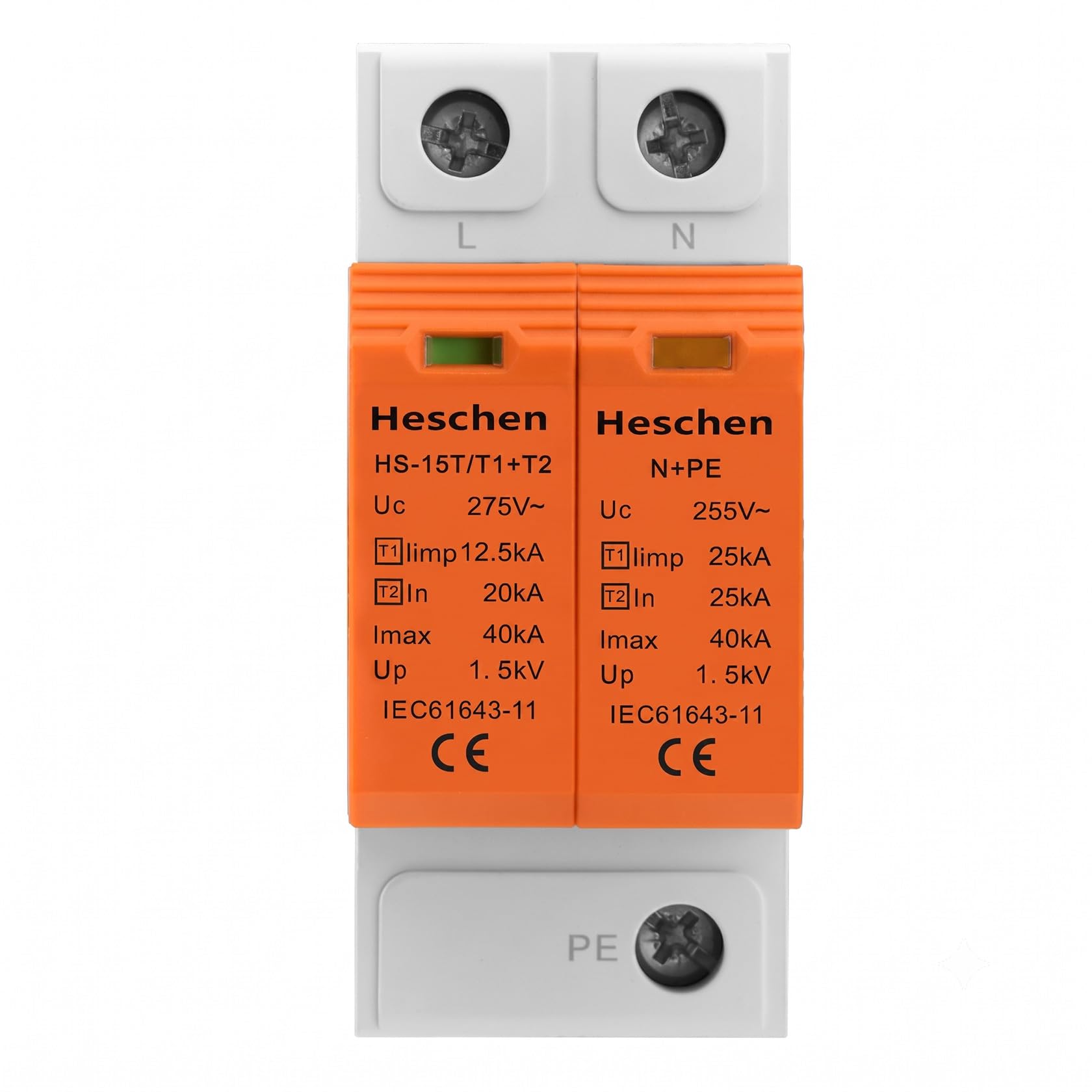 Heschen Dispositivo de protección contra sobretensiones SPD, HS-15T Descargador combinado tipo T1+T2, 1+N-PE 275 V AC, 40 kA, ignífugo, montaje en carril DIN de 35 mm, CE