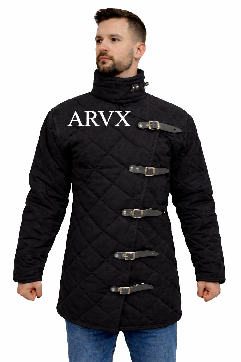 ARVX Medieval Quilted Cotton Gambeson, Black, Padded Aketon Armour Jacket, for LARP, SCA, Reenactment, Knight Costume (LARGE)