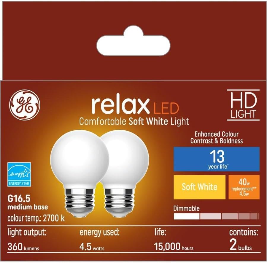 GE (2 bombillas) Relax LED G16.5 Globe - Bombillas de repuesto de 40 vatios, base media, luz blanca suave cálida de alta definición, 2700 K,