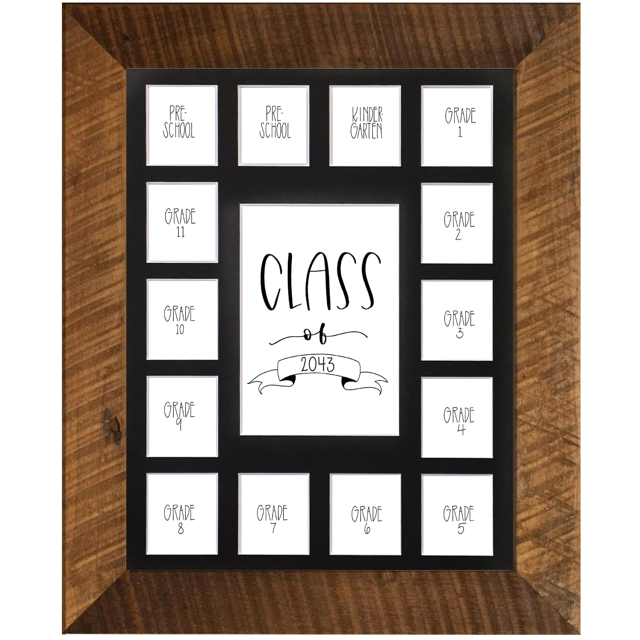 Rustic Red Door Co. School Years Reclaimed Wood Picture Frame with Mat - 11x14 Wooden Framed 15 Photo Collage Mat Pre-School &amp; Kindergarten to 12th Grade High School Graduation (Class of 2043, Black)