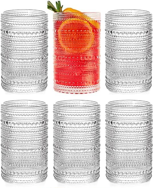 Vintage Hobnail Crystal Drinking Glasses Set of 6 12oz Highball Tumblers for Cocktails and Beverages Set of 6