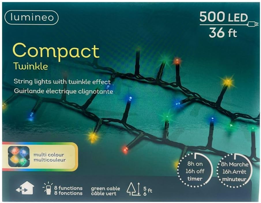 Lumineo 500 LED Multi-Colored Christmas Compact Lights Set, Green Wire 36 Feet