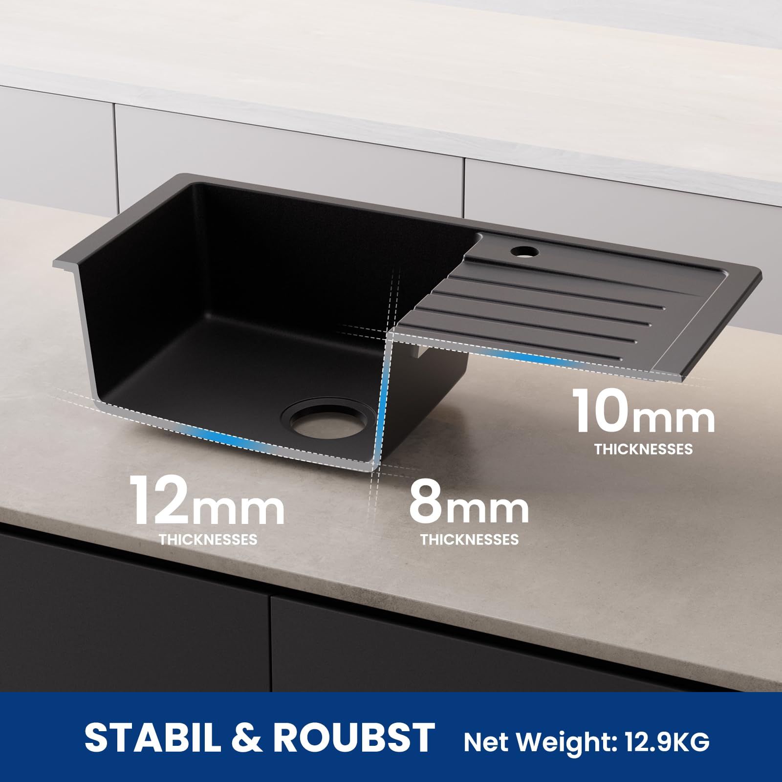 CECIPA Évier de Cuisine 1 Bac en Granit Noir 78 x 45 cm, 80% Sable Quartz Résistant à l'usure et aux chocs, Évier Cuisine Installation Réversible, avec Kit de Vidage