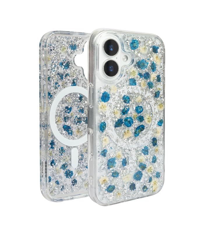 Image of Mag Flower Series Case for iPhone 16 Compatible with Wireless Charging | Real Dried Flower Embedded Design | Slim Transparent Shockproof Back Cover |Blue Edition