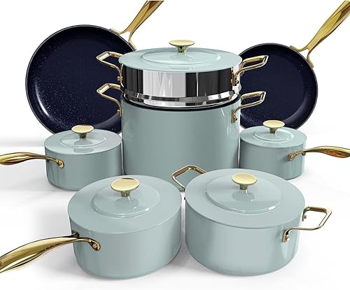 Nuwave Lux LE - Juego de utensilios de cocina con asas doradas y tapas metálicas, 13 piezas, sin PFAS, revestimiento de cerámica antiadherente con