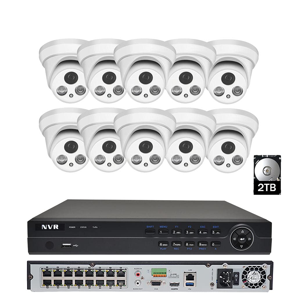 16CH 4K PoE Home Security Camera System, 4K 8MP 16-Channel H.265 NVR with 2TB HDD, 5MP PoE Turret IP Cameras(10Pcs) with Audio Detection, IP66 Water-Proof for 24/7 Recording