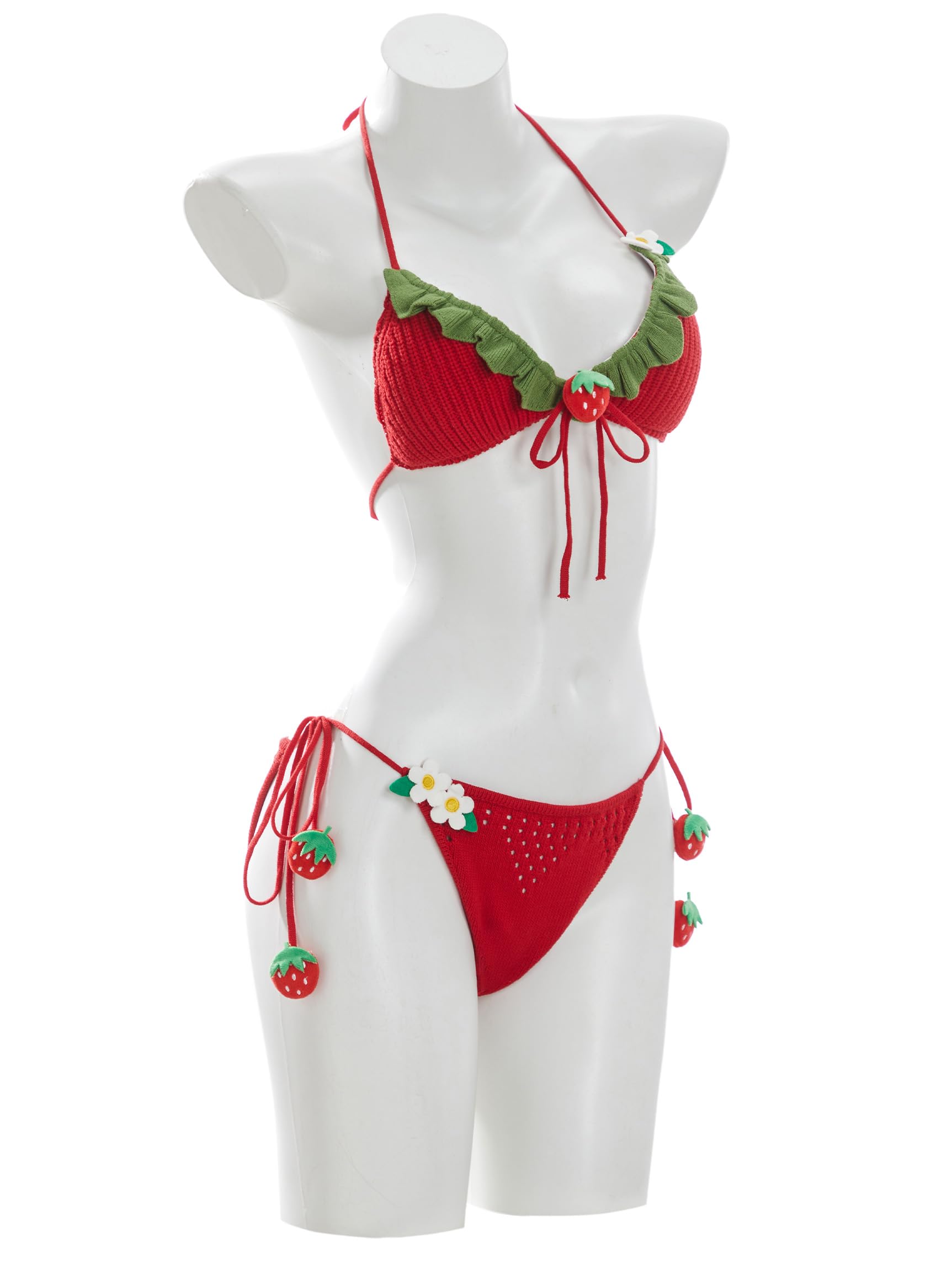 haikyuu Women Strawberry Bikini Crochet Swimsuit Tie Side Two Piece Bathing Suit Halter Triangle Cute Swimwear: Standard Small Red