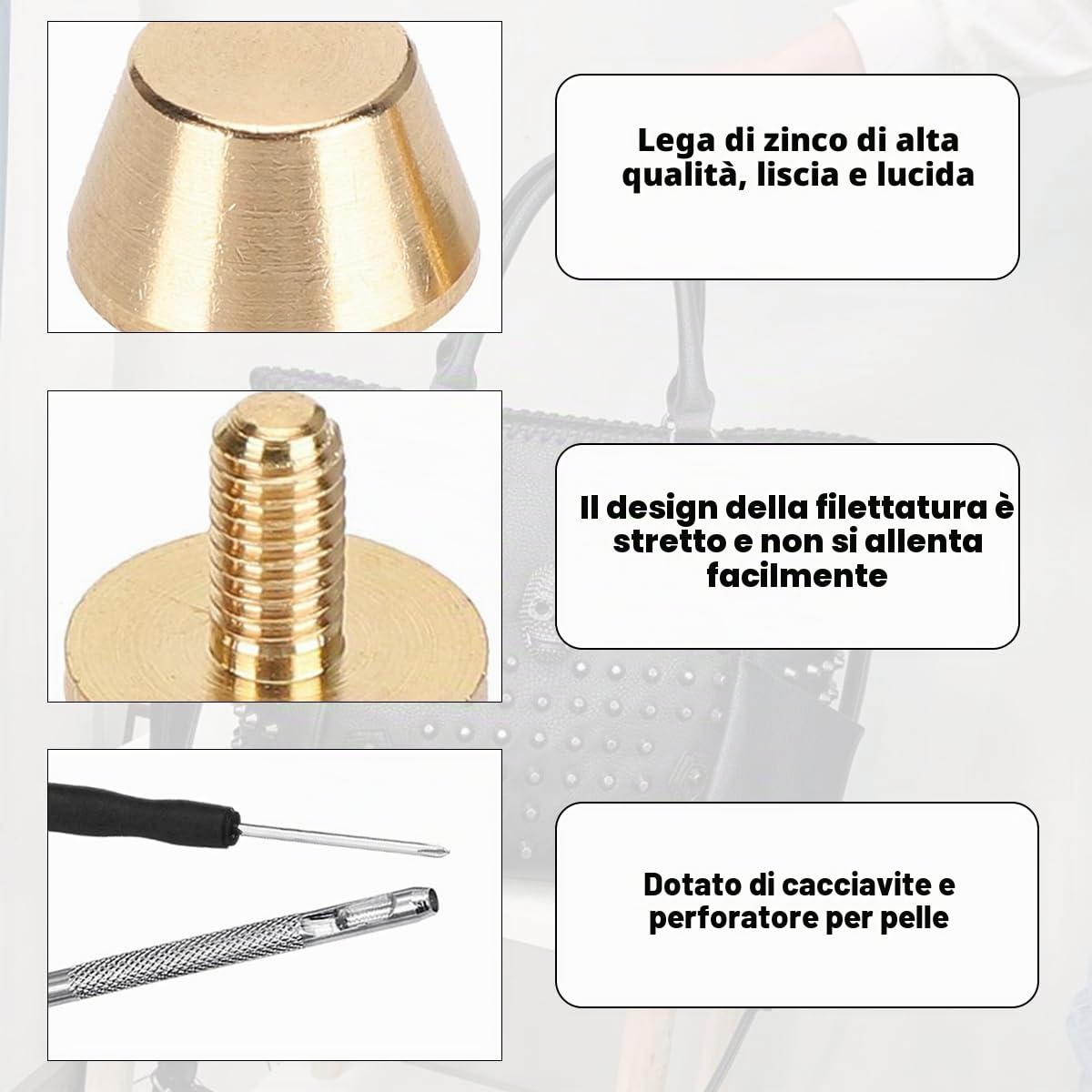 72 Pezzi Piedini per Borse,11mm Borchie per Piedi Borchie Chiodi in Lega Piedini Metallici per Borse, con Cacciavite e Punzonatore, per Borsette, Zaini, Artigianato Fai da Te(Oro Argento Nero)