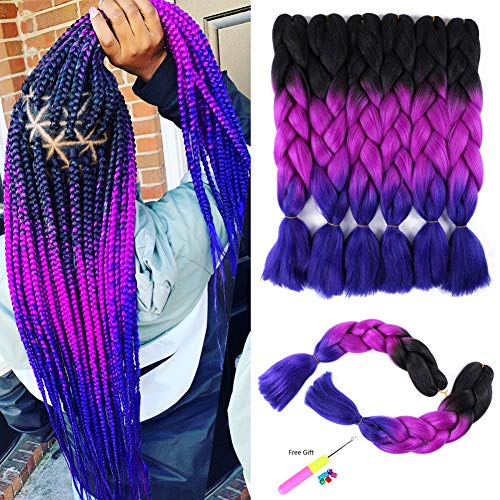 Jumbo Braiding Hair Extensions 24 Inch Ombre Synthetic Hair Crochet Braids Kanekalon Long Jumbo Braids For Box Twist Crochet Hair (Black/Purple/Blue)