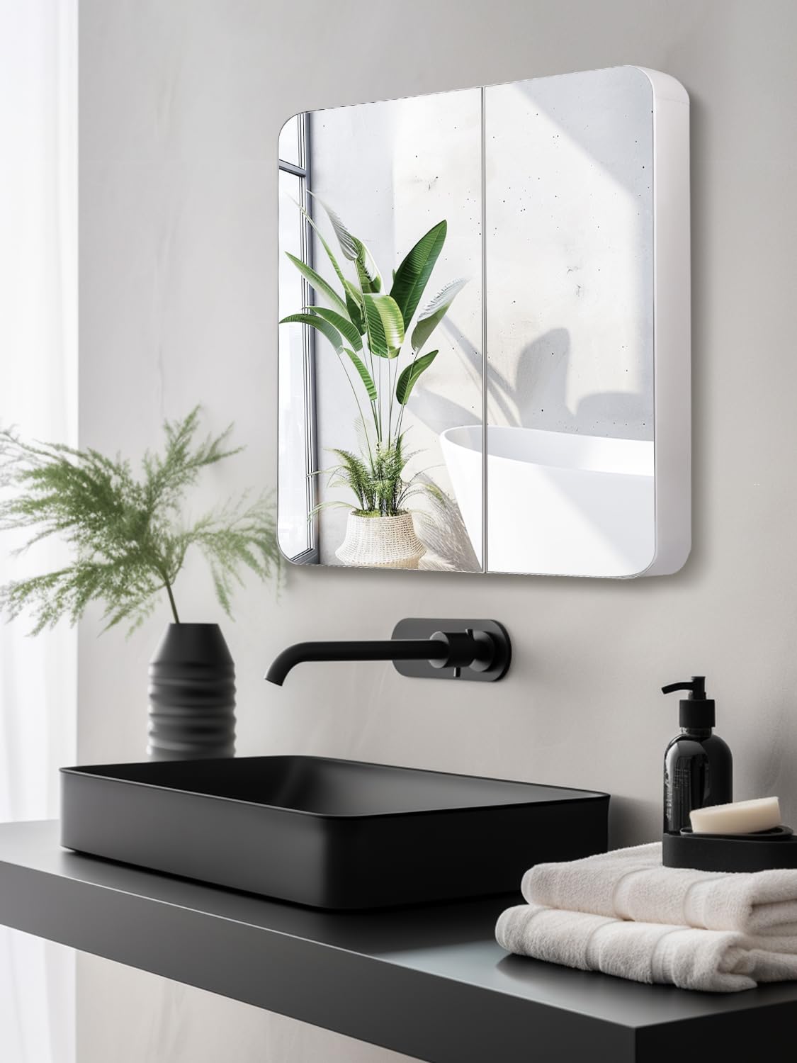 23.5" x 27.5" Medicine Cabinets for Bathroom with Mirror Surface Wall-Mounted Stainless Steel Framed Beveled Mirror, Double Door Metal Bathroom Vanity Mirror with Storage Cabinet 3 Tiers