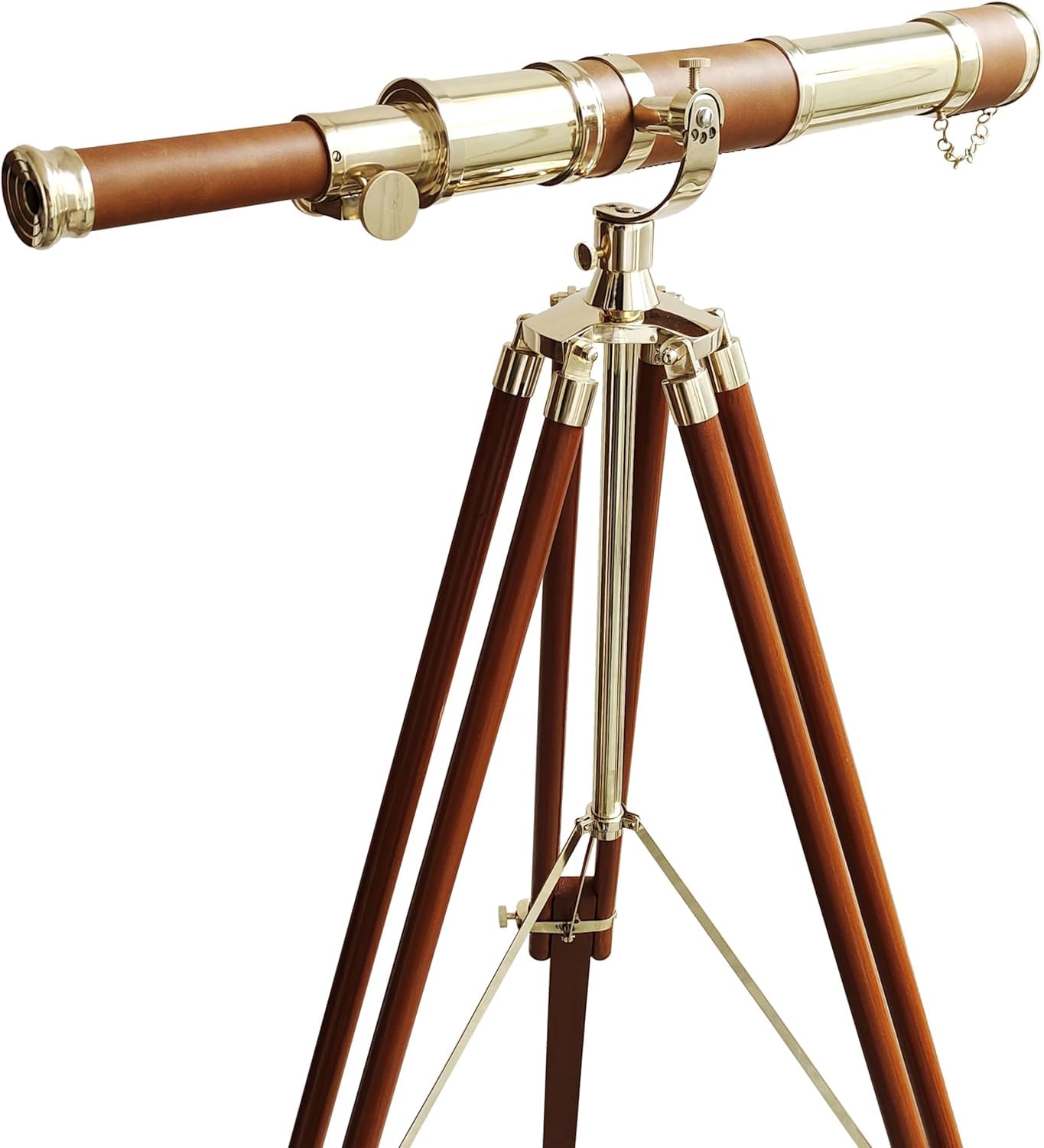 Handmade Navy Moon Arc Design Nautical Floor Standing Adjustable Wooden Tripod Stand Navirock Vintage Telescope Single Barrel Shiny Brass Finish