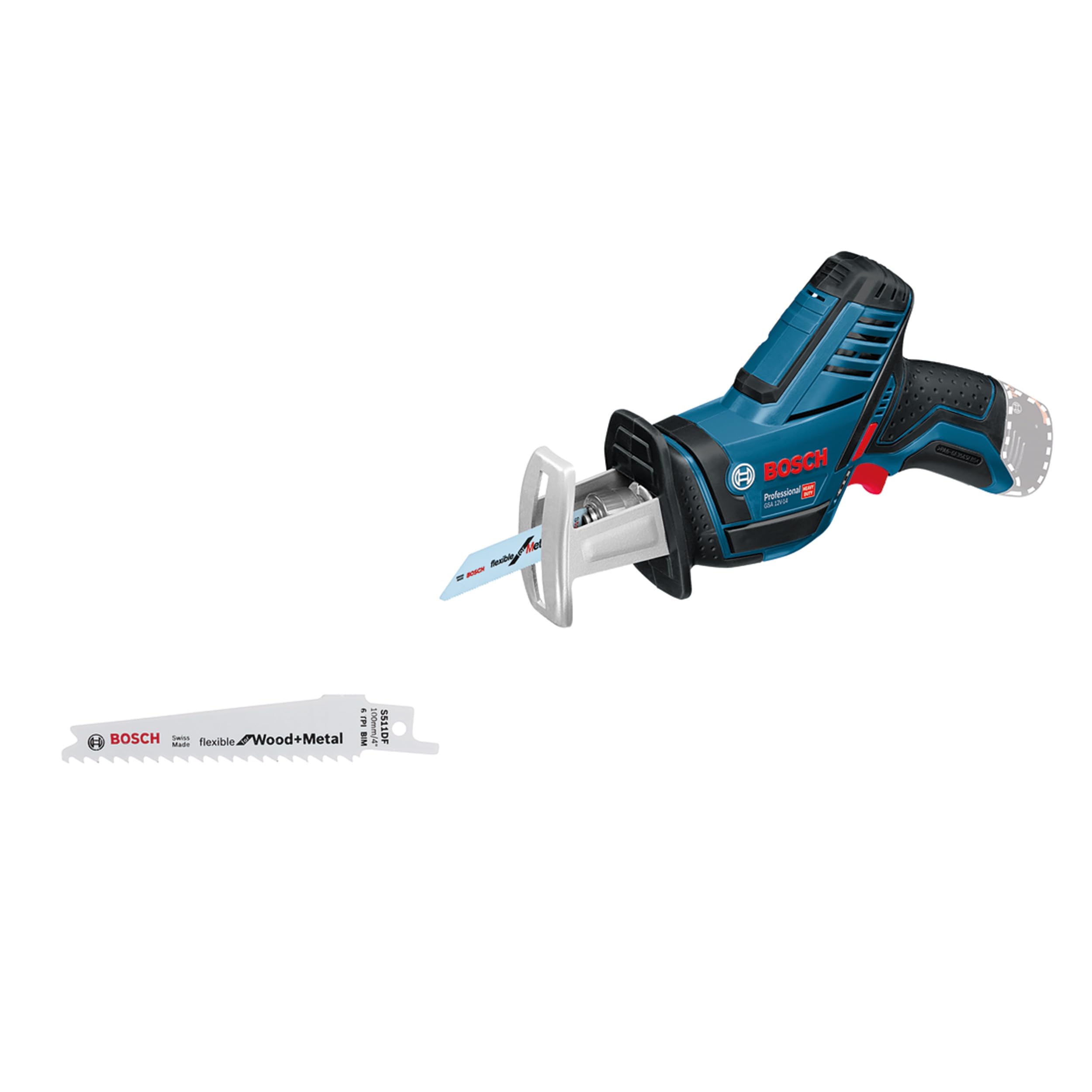Bosch Professional 12V System GSA 12V-14 cordless reciprocating saw (cutting depth in wood/metal profiles: 65/50 mm, including 2 saw blades, excluding batteries and charger, in carton)