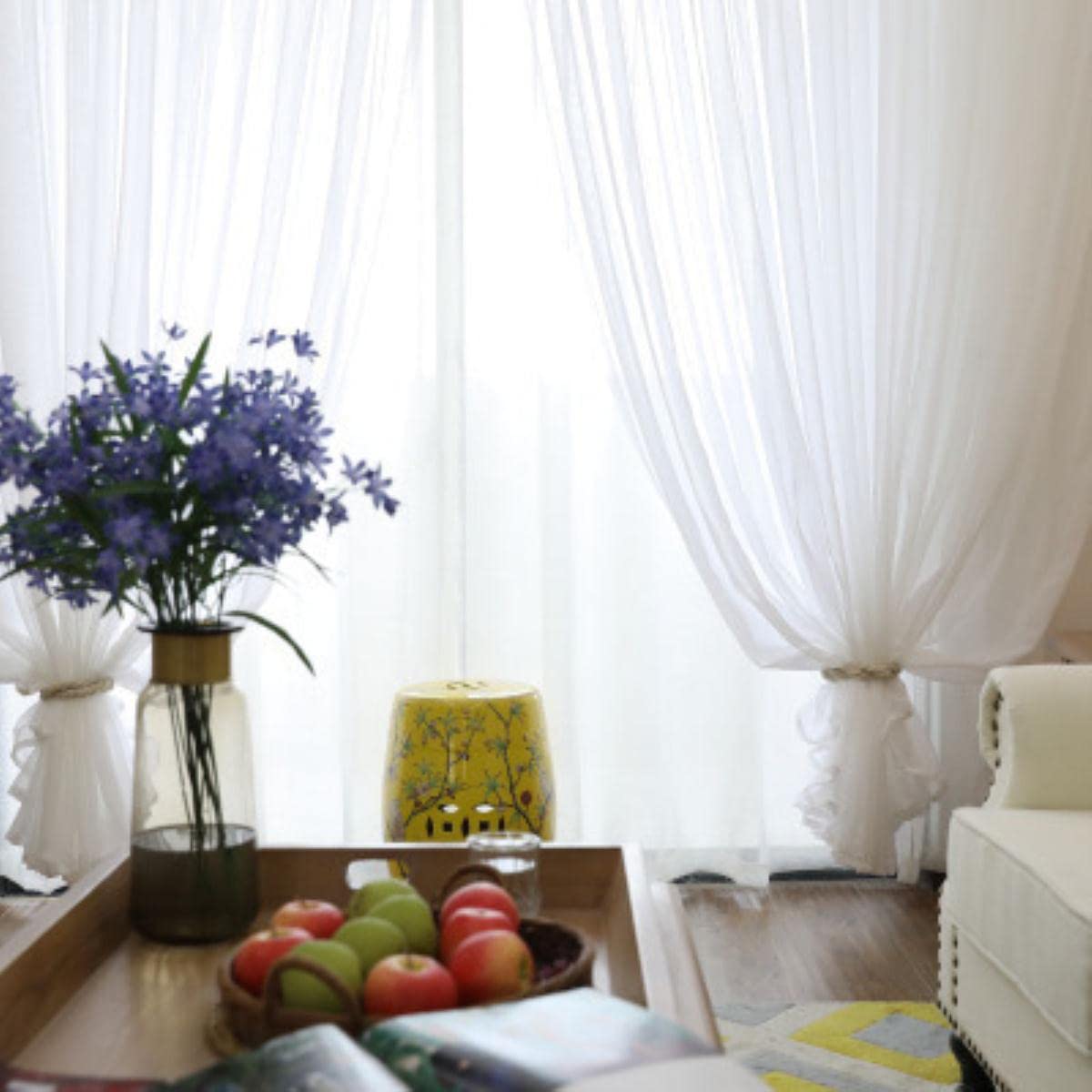 300cm Hauteur Couleur Rideau Salon Fenêtre Fini Tulle Sheer Voile Rideaux pour Chambre Voilage Drapes-White Tulle, W150x300cm 1piece, Rod Pocket