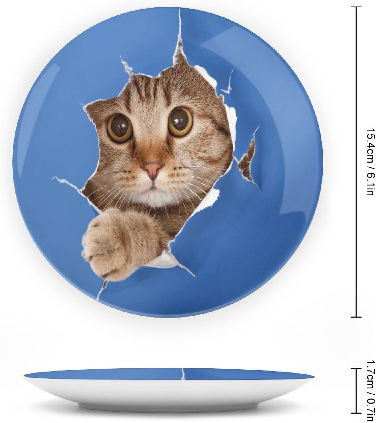 6 Inch Decorative Plate, Animal Round Porcelain,Cute Cat in Paper Hole Paws Playful Adorable Pet Print Ceramic Wall Hanging for Fine Dining For Upscale Events, Dinner Parties, Weddings, Catering