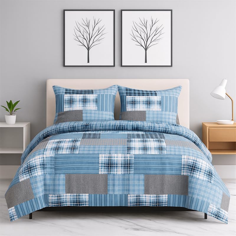 Fit Even - Patchwork Duvet Cover Set - For All-Season, Lightweight Soft Microfibre with Pillow Cases (Denim Blue, King) โ image 1