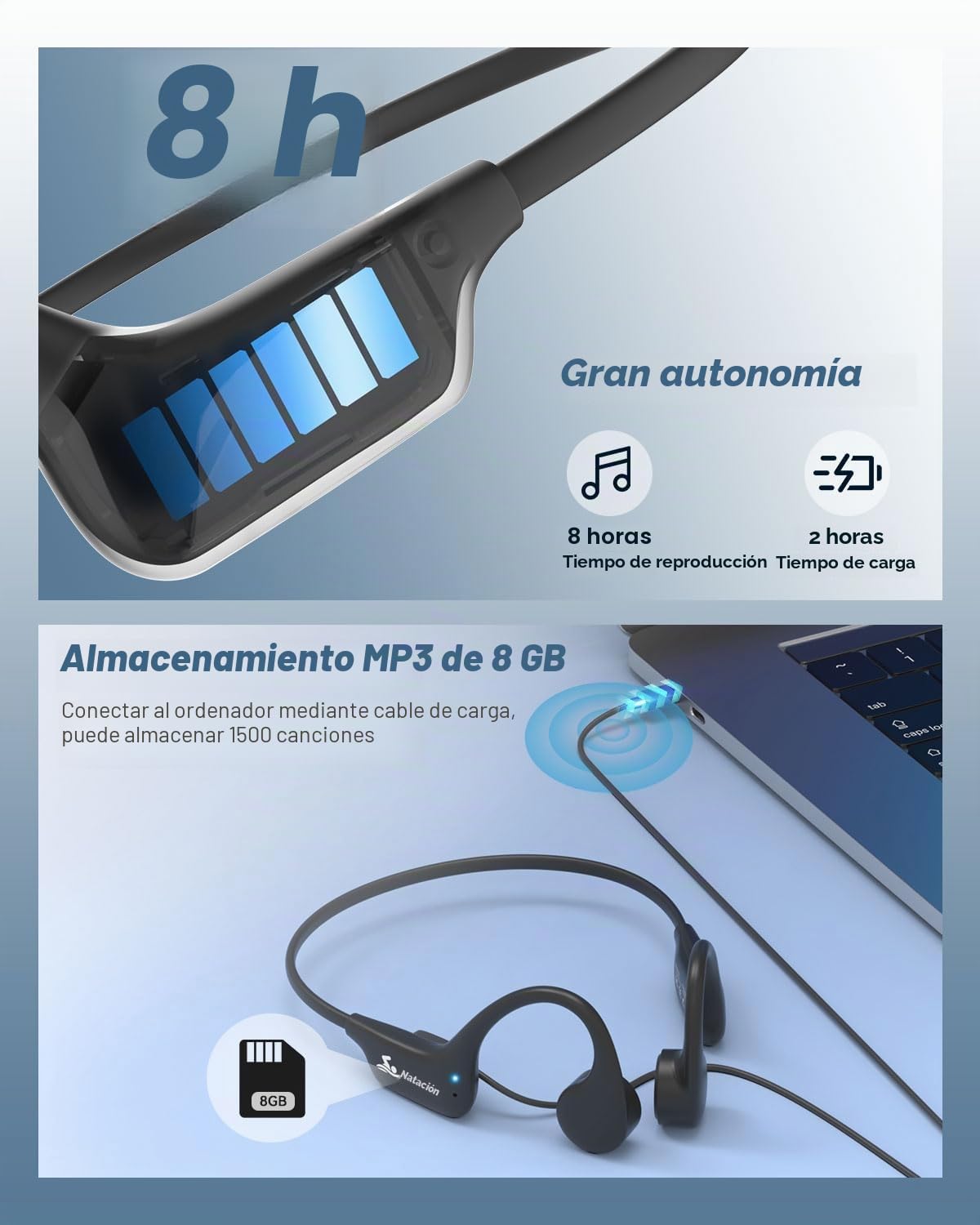 ANSTEN Auriculares Natación Conducción Ósea | IPX8 Auriculares para Nadar Impermeables con Bluetooth 5.4, MP3 Incorporado Memoria de 8 GB para Nadar Correr Ciclismo