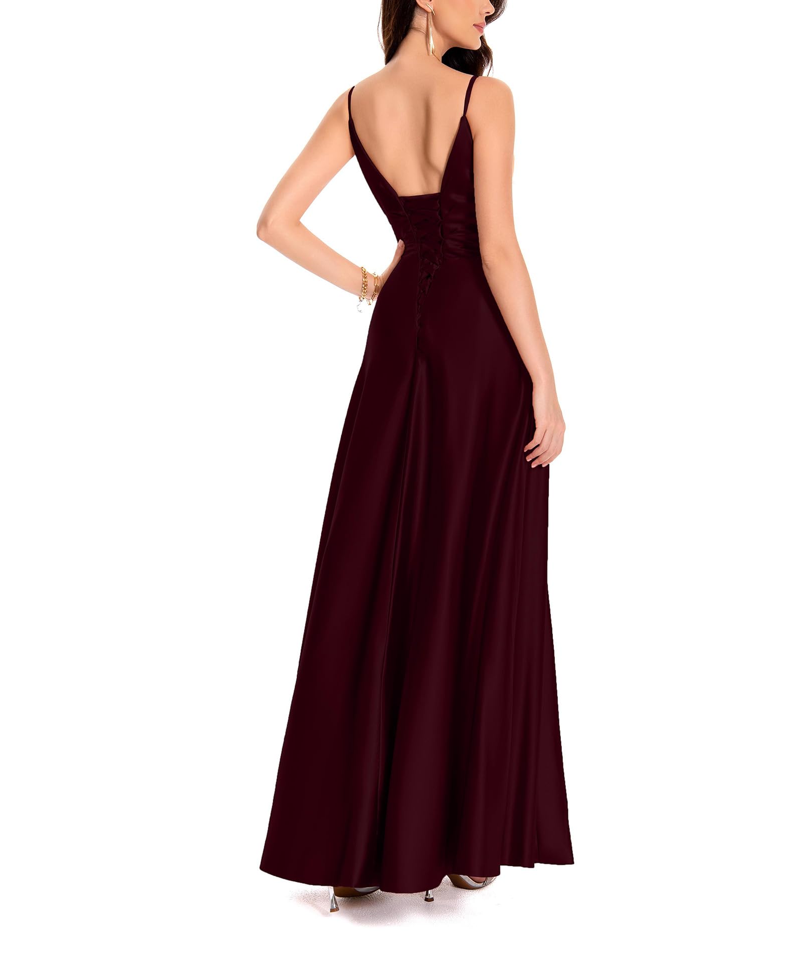 xxxiticat Damen V-Ausschnitt Spaghettiträger Satin Brautjungfernkleider Formeller A-Linie Abschlussball Abendkleider mit Schlitz