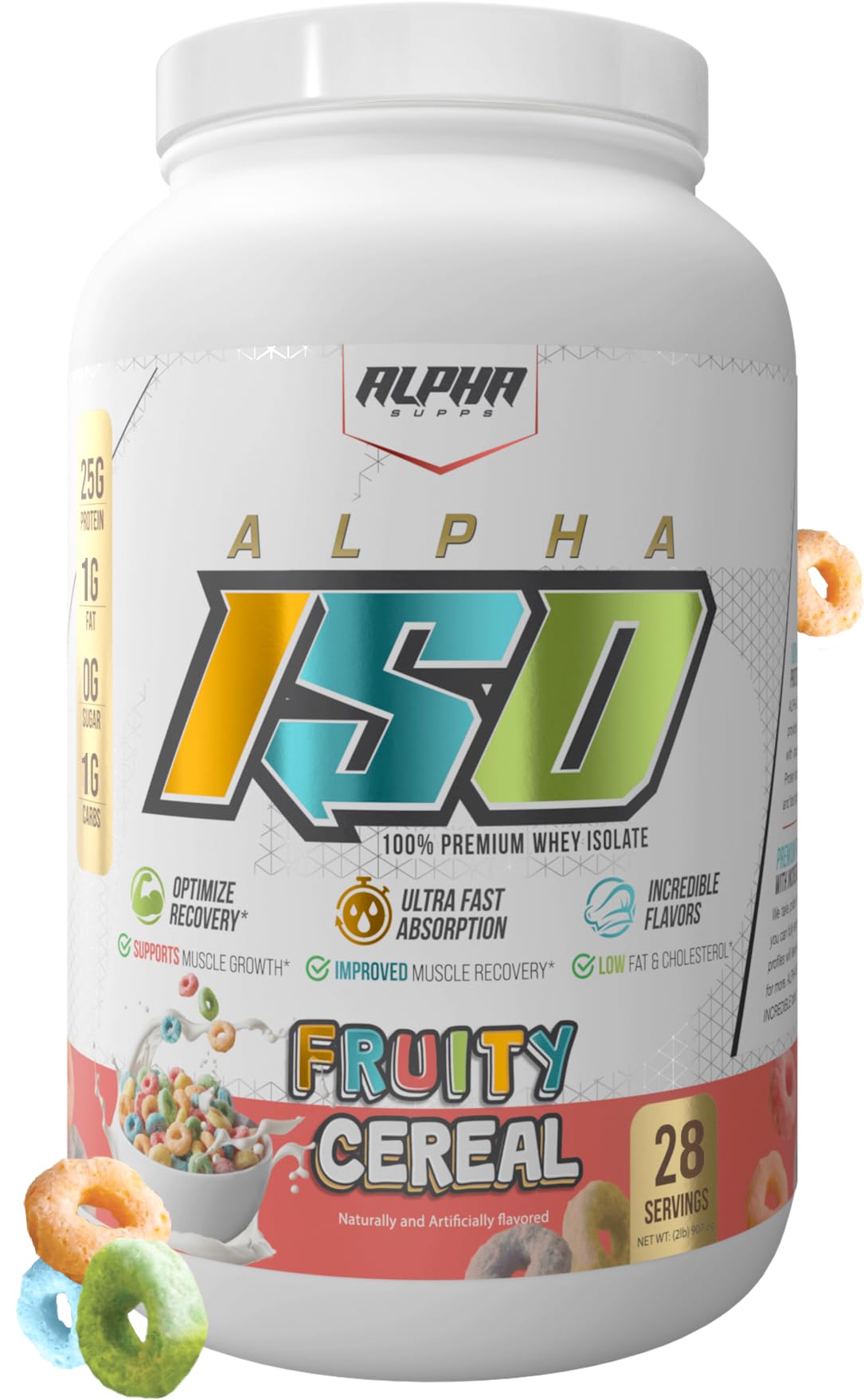 Alpha Supps ISO, Low Carb 100% Whey Protein Isolate Powder, 25 Grams Per Serving, Helps Support Muscle Growth, Low Sugar and Gluten Free (Fruity Cereal, 2 lb)