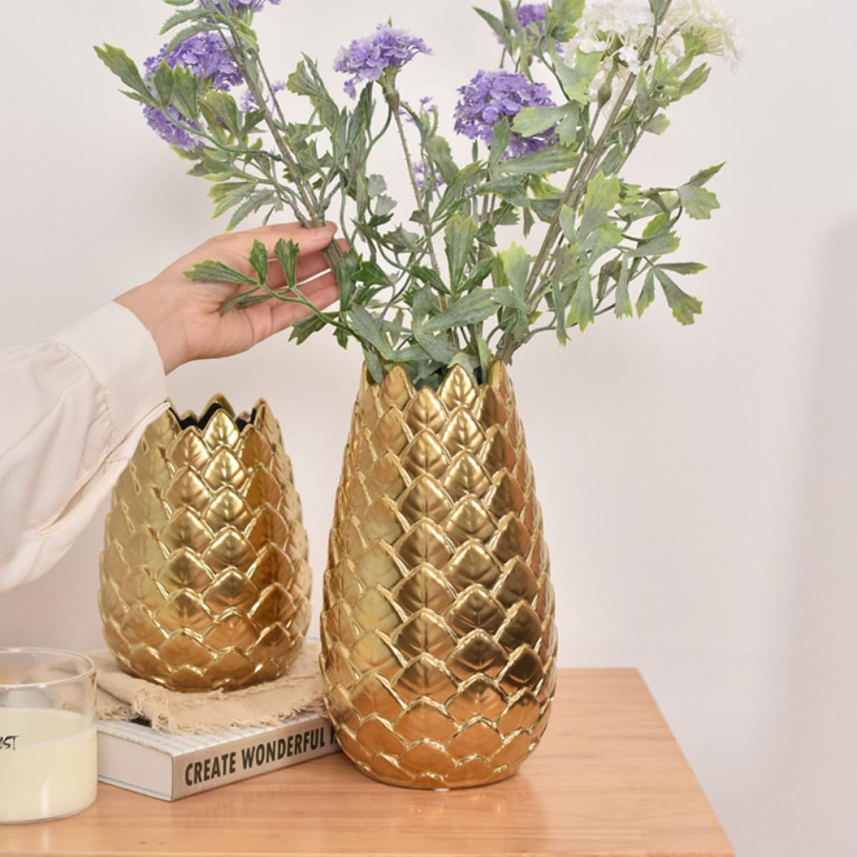 Jarrón Artístico y Contenedor de Flores Estilo Nórdico de Cerámica Dorado Simple Forma Redonda Elegante para de Escritorio