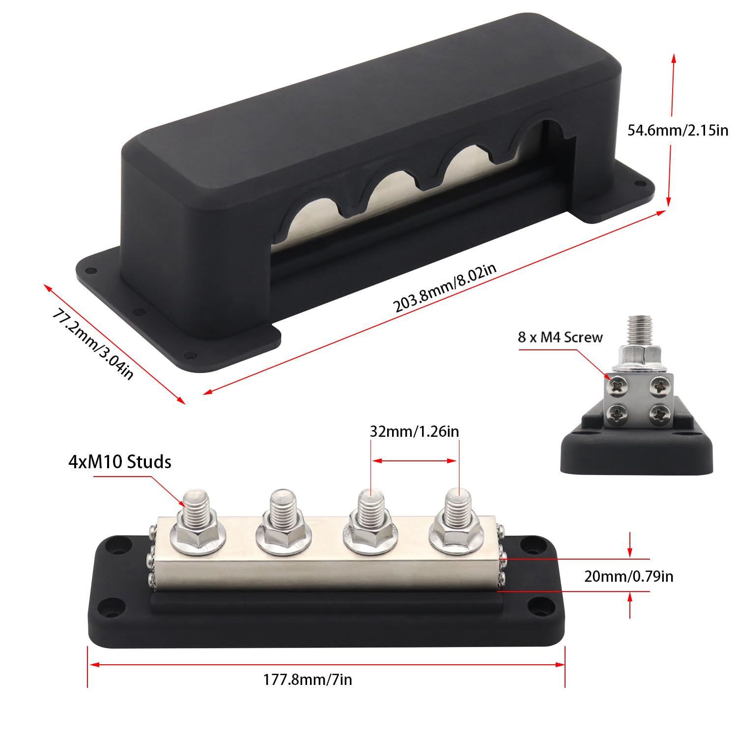 Bornier 12V-48V cc Bus Bar 600A barre de bus en cuivre Heavy Duty 4X M10 boulon terminal panneau de distribution 600 Amp batterie Busbar pour solaires voiture motorhome marine, noir& rouge