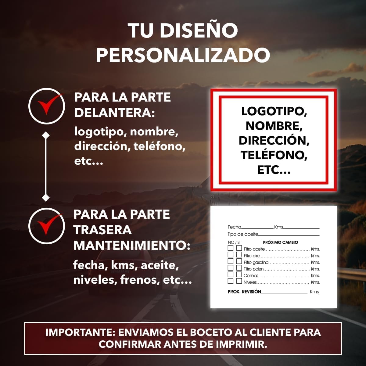 Autodomy Tarjetas Cambio Aceite Coche para Cristal Horizontal 6x5cm Personalizables | Set Pegatinas Adhesivas Mantenimiento Coche Impermeables Ideal (Cristal)