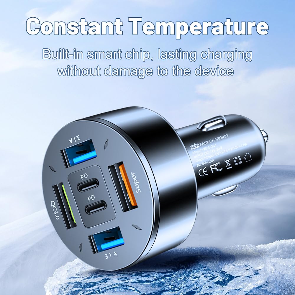 66W Multi-Port USB C Car Charger, PD&QC3.0 Super Fast Charger Cigarette Lighter Plug Adapter for iPhone/Android/Samsung/iPad Pro and More